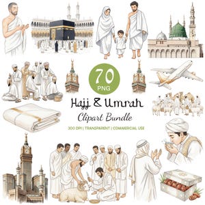 Peut inclure: Un ensemble de cliparts numériques avec des illustrations liées au Hajj et à la Omra. Les images comprennent des représentations de la Kaaba, de personnes en vêtements blancs, de mosquées et d'autres symboles religieux. Le lot comprend le texte "Hajj & Umrah Clipart Bundle".