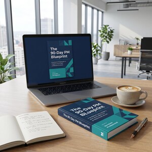 以下が含まれることがあります： ラップトップには「The 90-Day PM Blueprint」の表紙が表示されています。同じタイトルのハードカバー本とノートが木製の机の上にあります。コーヒーカップとペンも付いています。本の表紙は、青と緑の幾何学模様のデザインです。
