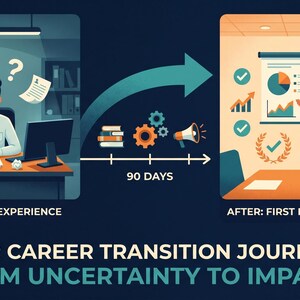 May include: An illustration depicting a career transition journey. The image shows a before and after scenario, with a timeline of 90 days. The before shows a person at a desk with question marks, and the after shows a person presenting at a podium. Text reads: "YOUR CAREER TRANSITION JOURNEY: FROM UNCERTAINTY TO IMPACT."