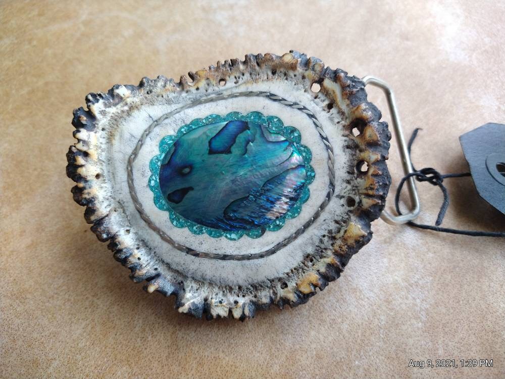 Elk antler belt buckle inlaid with abalone and turquoise Etsy
