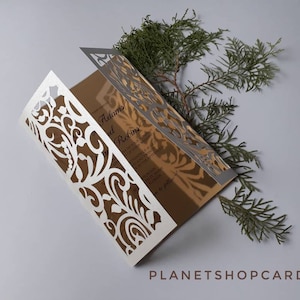 Wedding Invitation Template – Gate Fold - Envelope Card Ribbons and Leaves (svg, dxf, ai, eps, pdf, png, jpg), Silhouette, Cricut, Laser.