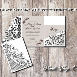 Tri Fold - Hochzeit Einladung Vorlage - Umschlag Karte zum Schneiden (Svg, Dxf, ai, eps, pdf, png, jpg), Silhouette, Cricut, Laser.