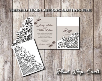 Tri Fold - Wedding Invitation Template – Envelope Card for Cutting (svg, dxf, ai, eps, pdf, png, jpg), Silhouette, Cricut, Laser.