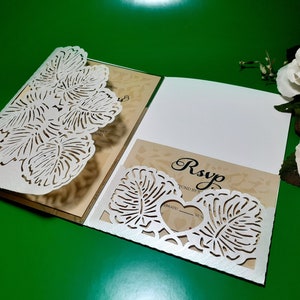 Tri Fold - Wedding Invitation Template – Leaves - Envelope Card for Cutting (svg, dxf, ai, eps, pdf, png, jpg), Silhouette, Cricut, Laser.