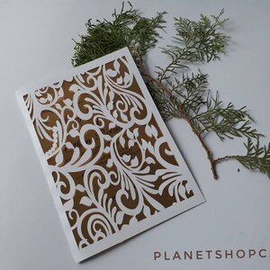 Hochzeiteinweck-Template – Lace Fold-Envelope Card Ribbons and Leaves (svg, dxf, ai, eps, pdf, png, jpg), Silhouette, Cricut, Laser.