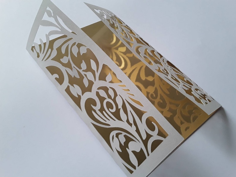 svg, dxf, ai, eps, pdf, png, jpg Silhouette Laser. Wedding Invitation Template \u2013 Gate Fold Cricut Envelope Card Ribbons and Leaves