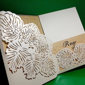 Tri Fold - Hochzeit Einladung Vorlage - Blätter2 - Umschlag Karte zum Schneiden (Svg, Dxf, ai, eps, pdf, Png, Jpg), Silhouette, Cricut, Laser.
