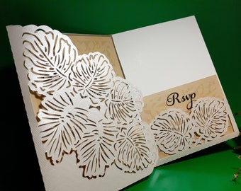 Tri Fold - Wedding Invitation Template – Leaves2 - Envelope Card for Cutting (svg, dxf, ai, eps, pdf, png, jpg), Silhouette, Cricut, Laser.