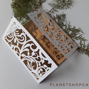 Wedding Invitation Template – Gate Fold - Ribbons and Leaves 5&quot;x5&quot; (svg, dxf, ai, eps, pdf, png, jpg), Silhouette, Cricut, Laser.