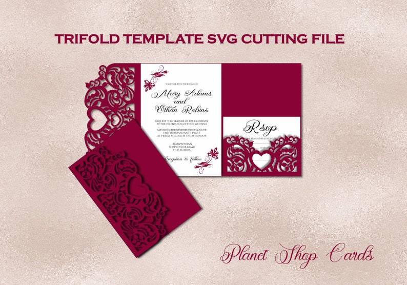 Tri Fold Plantilla de invitation de boda Tarjeta de sobre para corte svg, dxf, ai, eps, pdf, png, jpg, Silhouette, Cricut, Laser. image 2