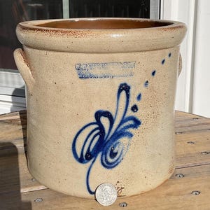 Antique Stoneware Crock  FT Wright & Son 1 Gal Cobalt Floral Plume Taunton Mass