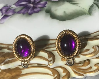 Vintage Signed Trifari TM Gold Tone & Purple Cabochon Pierced Earrings