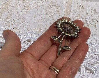 Vintage Gold Tone Sunflower Brooch Lilac Purple Rhinestones Pin