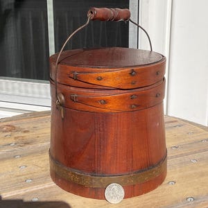 Small Antique Wood Firkin Sugar Bucket & Lid Wire Wood Bail Handle 6.5"H Country