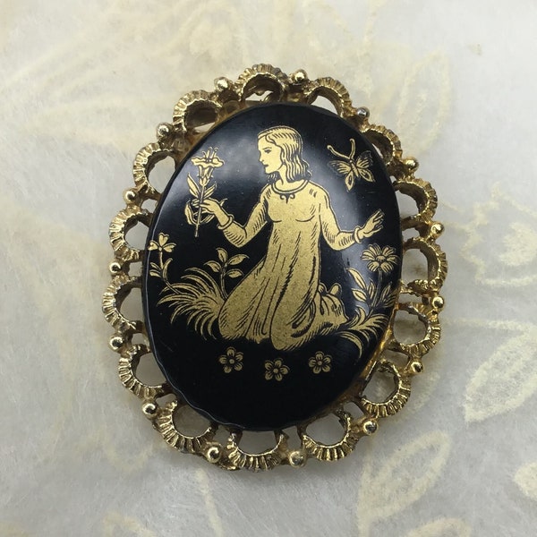 Vintage Black & Gold Tone Oval Girl Butterfly Floral Flowers Brooch Pin