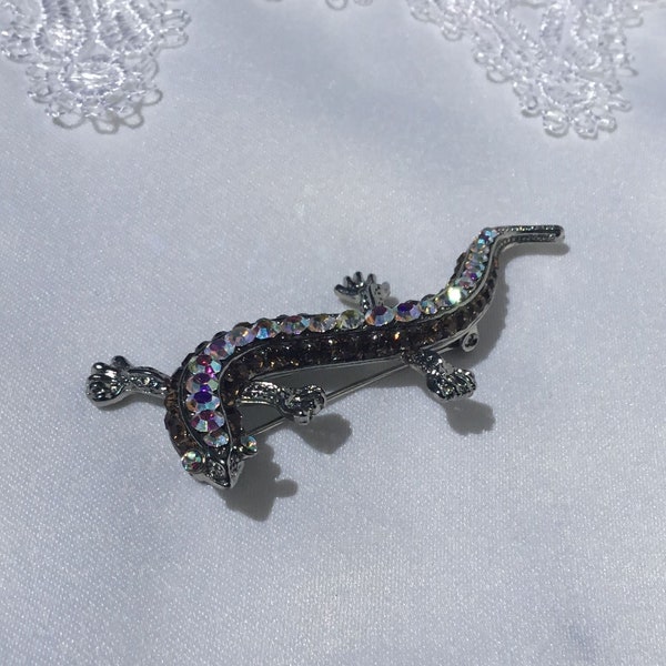 vintage Silver Tone Salamander Lizard Aurora Borealis - Amber Rhinestones Brooch Pin with Optional Pendant Bail