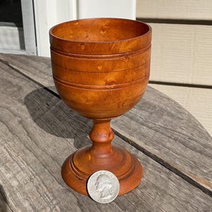 Vintage Hand Turned Wooden Goblet Decorative Incised Lines Stem Base 4.75&quot; H