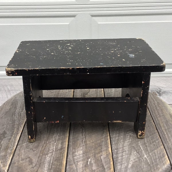 Vintage Wooden Old Painted Black Wide Foot Stool/Bench/Foot Rest 16" L Farmhouse