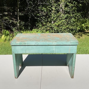 Vintage Wide Wood Foot Stool Bench Foot Rest Worn Aqua Paint 18.5"L Country Farm