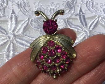 Vintage Gold Tone With Pink Rhinestones Ladybug Beetle Brooch Pin