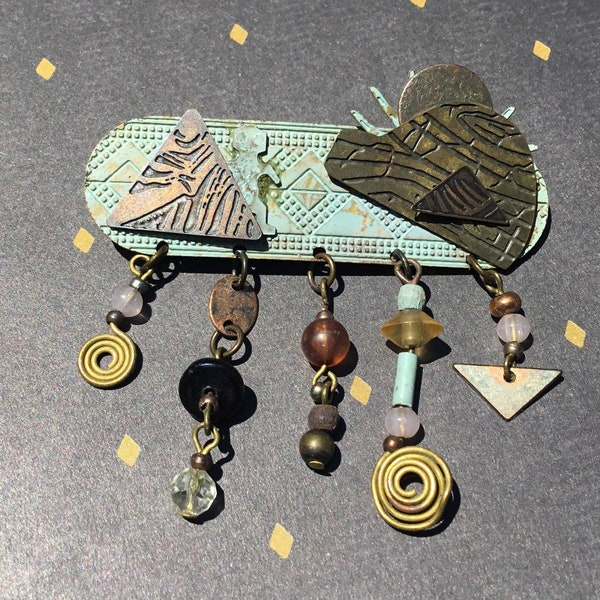 Vintage Mixed Metals & Beads Extraterrestrial life Robot Alien UFO Landing Brooch Pin with Dangle Charms