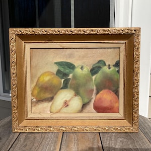 Vintage Oil Painting Signed Still Life Fruit Pears Gold Ornate Wood Frame 16"L