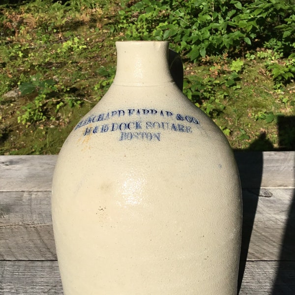 Antique 1 Gal Salt Glaze Cobalt Blanchard Farrar & Co Dock Square Boston Jug