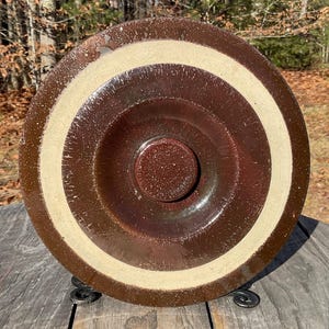 Antique Brown Stoneware Crock Lid Recessed Button Knob 9.75" D Replacement Lid