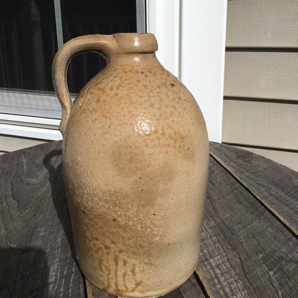 Antique Early Prim Thick Salt Glazed Stoneware 1/2 Gal Jug w/ Strap Handle 9.5"H