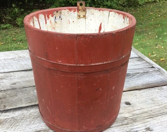 Antique Prim New England Old Brick Red Wooden Stave Sap Bucket Hang Hook 2 Bands Christmas Tree Bucket