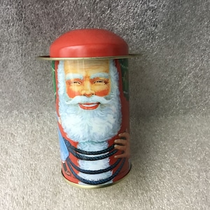 Vintage 1986 B. Shackman & Co Santa Claus w/Christmas Tree Tin Litho Metal Container Removeable Tin Cap Hat New Old Stock