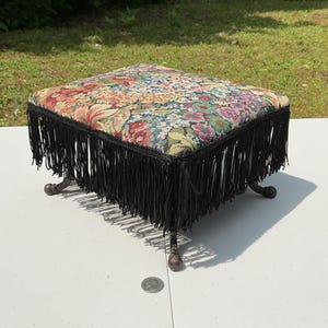 Vintage Fringed Floral Tapestry Unique Cast Iron Hook Feet Foot Stool Foot Rest