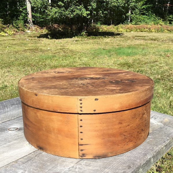 Huge Prim Antique Pantry Wooden Cheese Box & Thick Lid 17.75" D Square Cut Nails