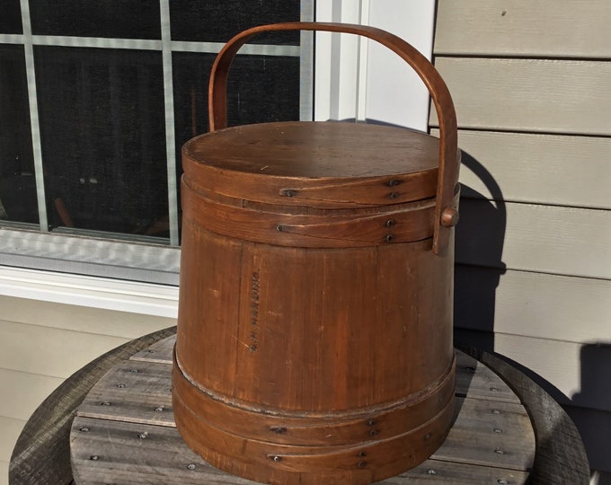 Antique Firkin Sugar Bucket Drop Handle & Lid Personalized S.H. Harding