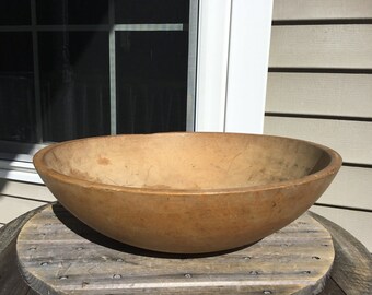 Antique New England Large Wood Dough Bowl Light Wood Tone Dry Surface 17.25" Dia