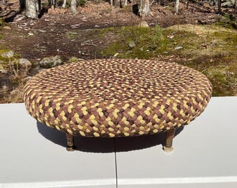 Vintage Large Round Low Profile Ottoman Foot Stool Braided Brown Rug Top on Legs