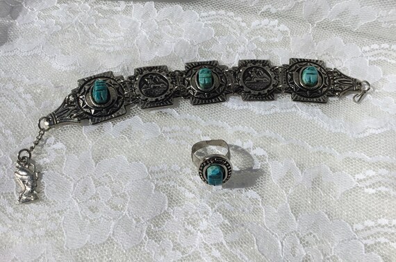 Vintage Set Egyptian Revival Silver Tone Faux Tur… - image 9