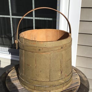 Antique Large Prim Old Olive Green Wooden Firkin Sugar Bucket Swing Handle 12&quot; H