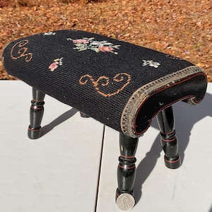 Vintage Wood Foot Stool Small Cricket Foot Rest Needlepoint Floral Flowers Black