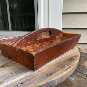 Small Antique Prim Wooden Divided Utensil Cutlery Box Tray Arched Cutout Handle