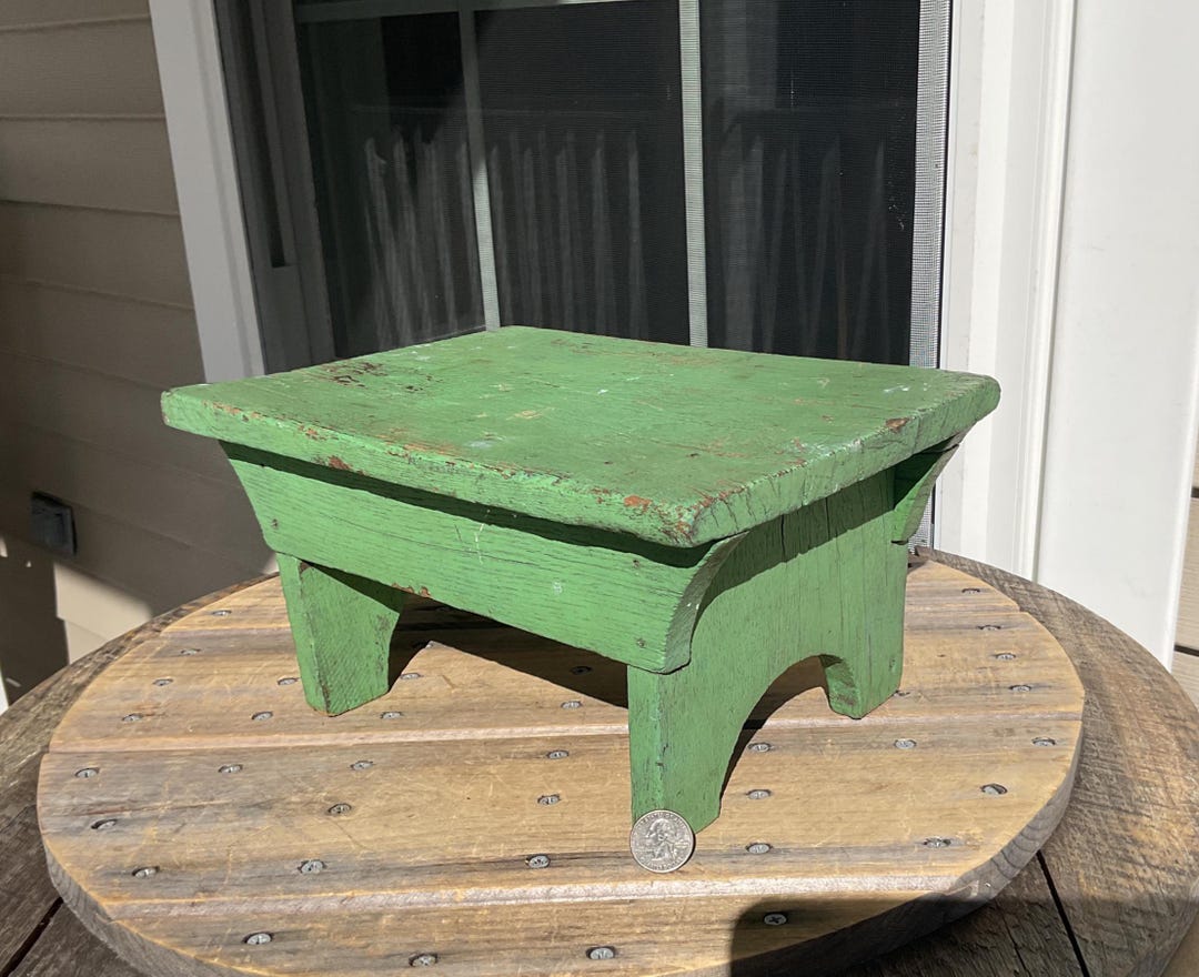 Vintage Wooden Foot Stool Cricket Bench Wide Foot Rest Old Green Paint ...