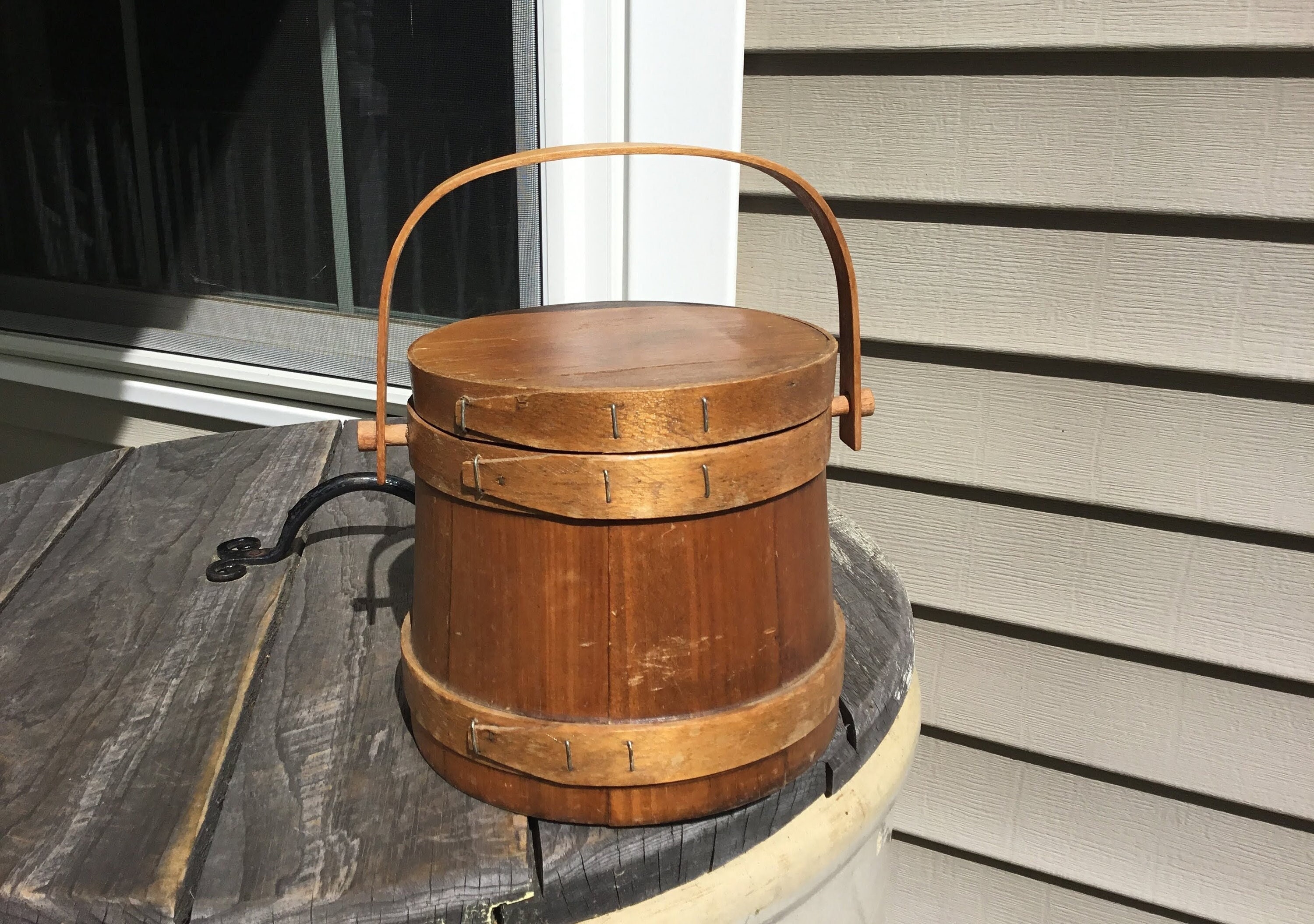 Antique Wooden Firkin Sugar Bucket w/Swing Handle & Lid 10"H 3 Band