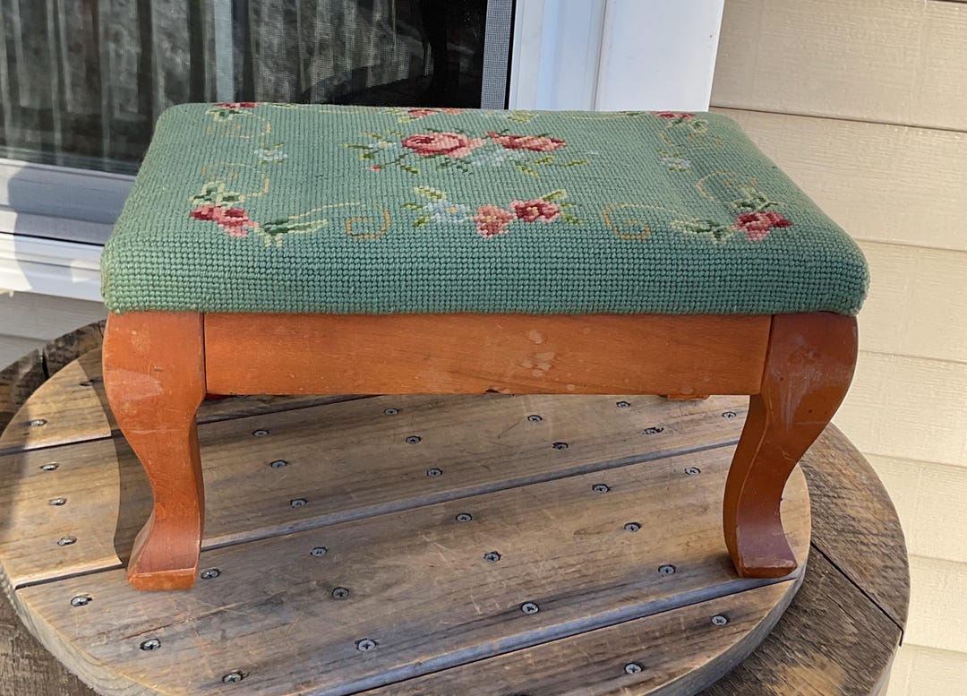 Vintage Wood Needlepoint Floral Flowers Embroidered Foot Stool Foot ...