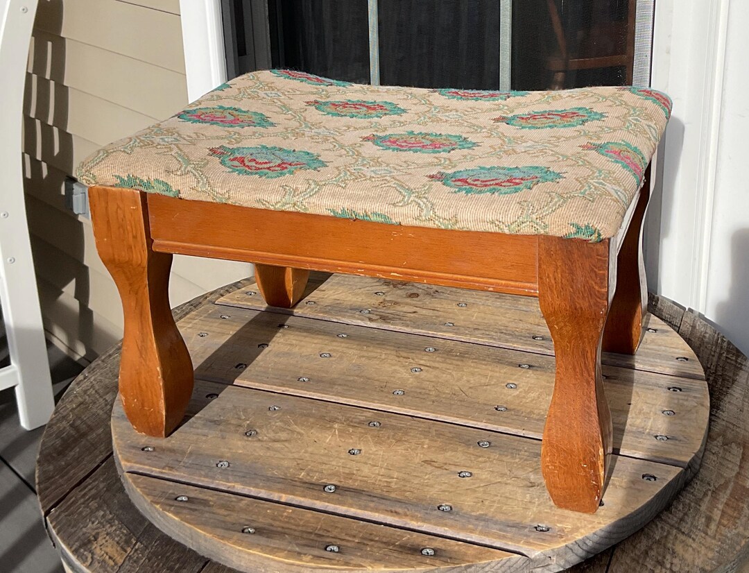 Vintage Wooden Upholstered Cricket Foot Stool Bench Foot Rest Green ...