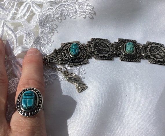 Vintage Set Egyptian Revival Silver Tone Faux Tur… - image 6