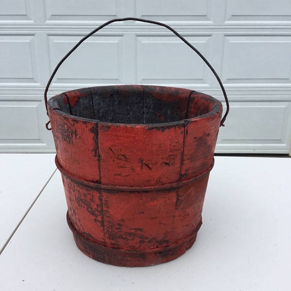 Antique Small Prim Old Red Paint Wood Stave Pail Bucket & Swing Handle 6 1/8" H