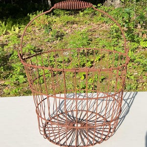 May include: A round wire basket with a rusted brown finish, featuring a vertical grid pattern and a circular base. The basket includes a tall, arched metal handle with a coiled spring grip at the top, designed for carrying or hanging storage.
