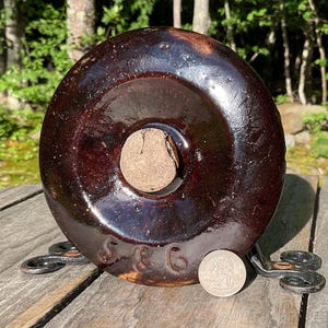 Antique Stamped 5 & 6 Brown Stoneware Crock Lid Button Knob Bean Pot 5.25" D