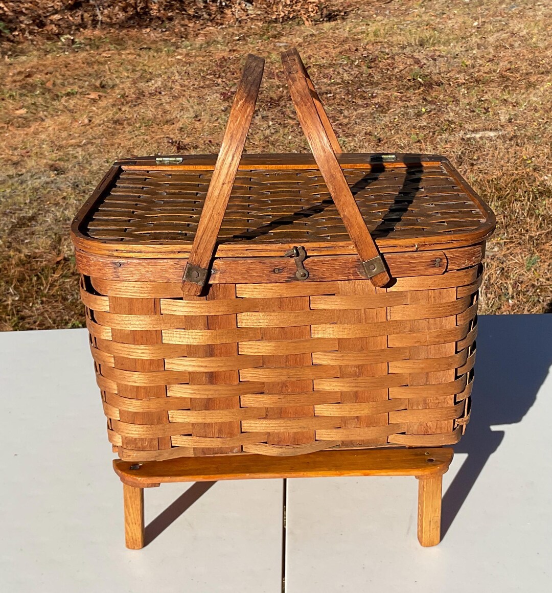 Pinic Hinge Vintage Wood Picnic Basket Riser Hinge Lid 2 Swing Handles Signed Elsie ...