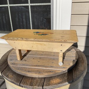 Antique Wood Foot Rest Stool Bench Layered Chippy Yellow Green Paint Country